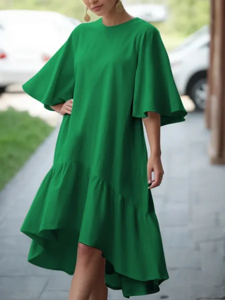 

Elegant Plain Peplum Crew Neck Midi Dress, Green, Midi Dresses