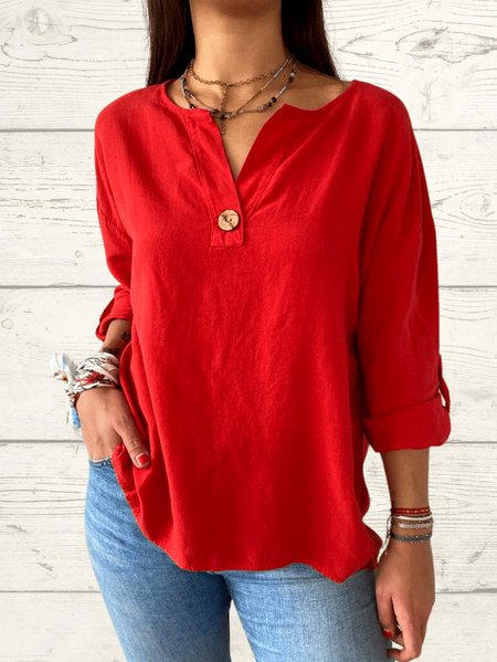 

V Neck Long Sleeve Plain Regular Micro-Elasticity Regular Fit Shirt For Women, Red, Shirts