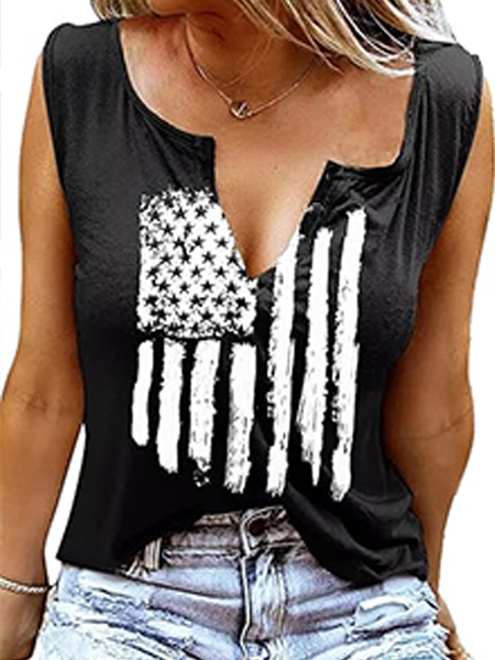 

Casual Notched America Flag Tank Top, Black, Tanks & Camis