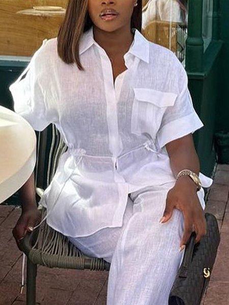 

Linen Blend Casual Plain Drawstring Shirt Collar Raglan Sleeves Shirt, White, Blouses and Shirts