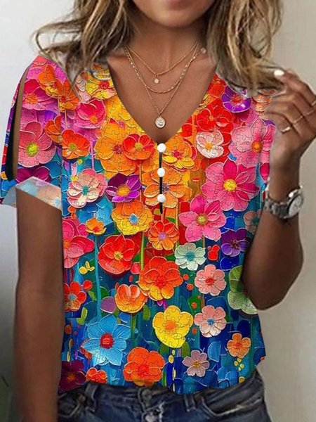

Casual Floral V Neck Short Sleeve T-shirt, Red, T-shirts