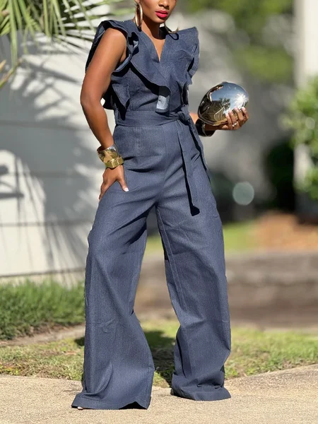 

Plain Lotus Leaf Collar Casual Denim Jumpsuit With Belt, Denim blue, Jumpsuits