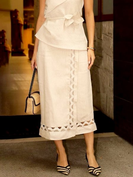 

Linen blend Elegant Hollow Out Plain Midi Skirt, Beige, Skirts