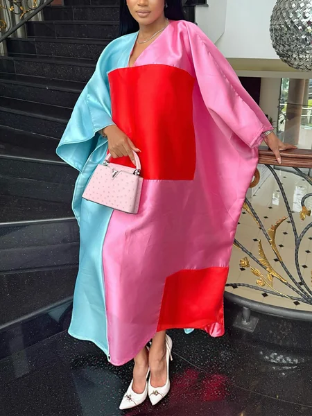 

Satin Elegant Color Block Raglan Sleeves Split Joint V Neck Maxi Dress, As picture, Maxi Dresses