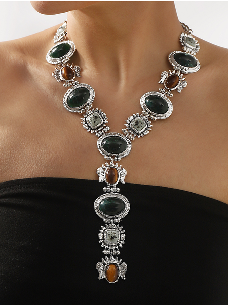

Retro Baroque style fashion resin necklace Luxury trendy ethnic style necklace, Silver, Necklaces