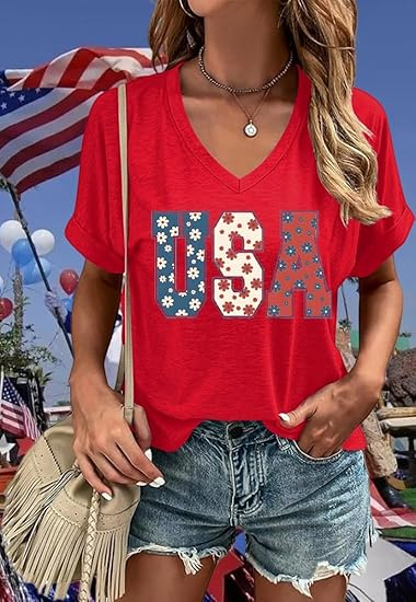 

Casual America Flag V Neck Short Sleeve T-shirt, Red, T-shirts