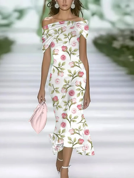 

Women Floral Cap Sleeve Summer Printing Dress Cold Shoulder Daily Vintage Maxi H-Line Dress, White, Casual Dresses