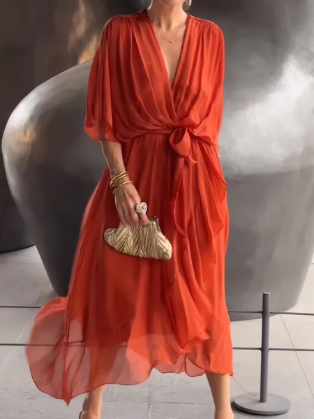 

Elegant Plain Gathered Midi Dress, Orange, Midi Dresses