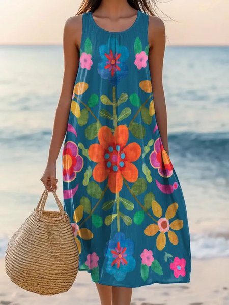 

Women Floral Summer Dress Crew Neck Sleeveless A-Line Dress, Blue, Dresses