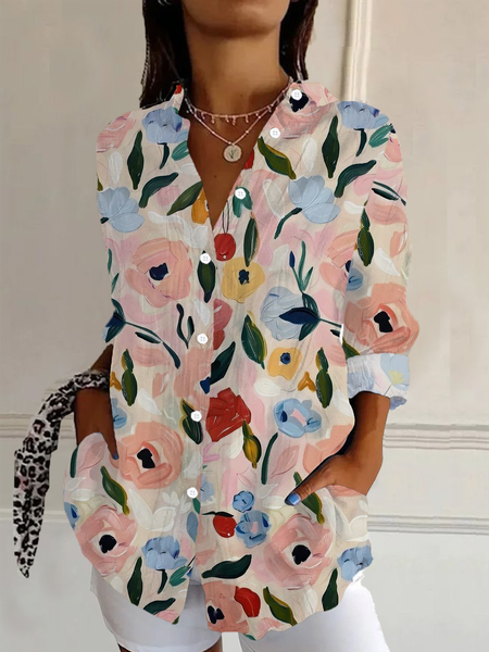 

Women Floral Long Sleeve Shirt Spring/Fall Buckle Shirt Collar Daily Casual Top, Pink, Shirts