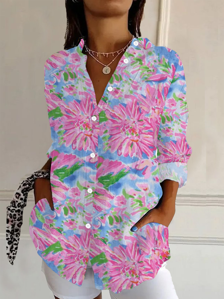 

Women Floral Long Sleeve Shirt Spring/Fall Buckle Shirt Collar Daily Casual Top, Pink, Shirts