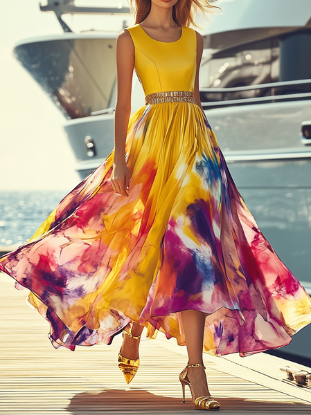

Vacation Random Print Maxi Dress, Yellow, Maxi Dresses