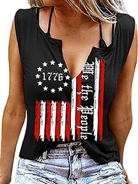 

Casual Notched America Flag Tank Top, As picture, Tanks & Camis
