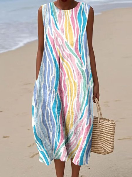 

Women Geometric Summer Dress Crew Neck Sleeveless A-Line Dress, Multicolor, Dresses