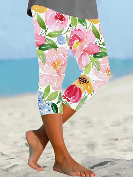 

Women Floral Capris Elastic Waist Pants Casual Summer Trousers, White, Leggings