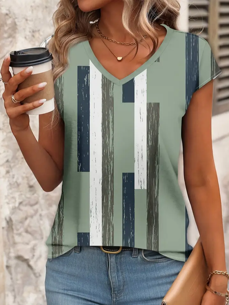 

Women Geometric Short Sleeve Tee T-shirt V Neck Printing Casual Summer Graphic Tee Top, Green, T-Shirts