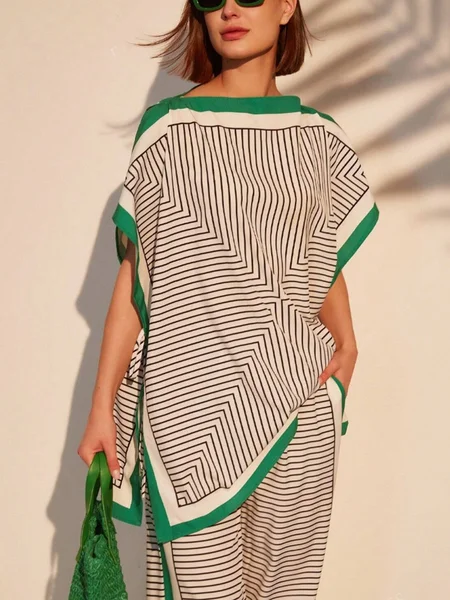 

Urban Color Block Printing Boat Neck Blouse, Green, Blouses and Shirts