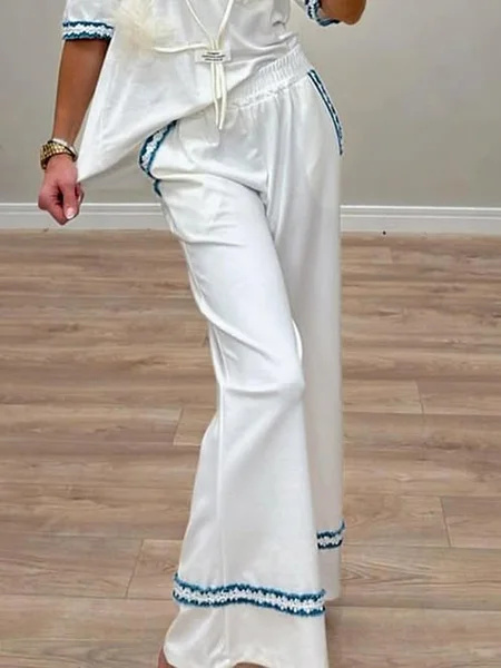

Casual Plain Webbing Wide Leg Pants, White, Pants