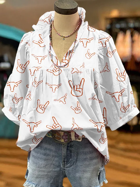 

Shawl Collar Half Sleeve Abstract Graphic Regular Loose Blouse For Women, White, Blouses