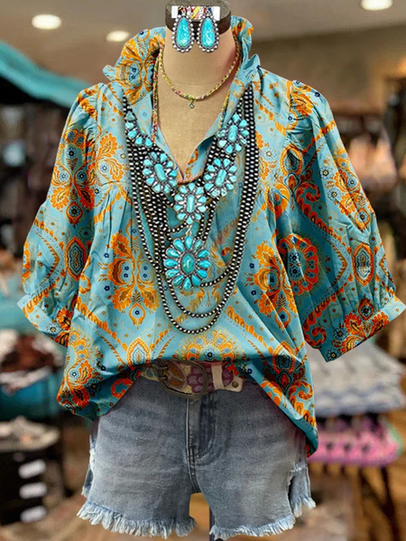 

Shawl Collar Half Sleeve Ethnic Regular Loose Blouse For Women, As picture, Blouses