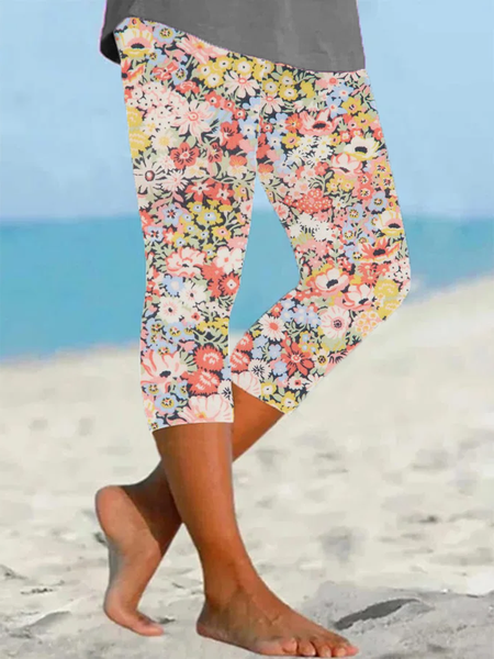 

Women Floral Capris Elastic Waist Pants Casual Summer Trousers, As picture, Leggings