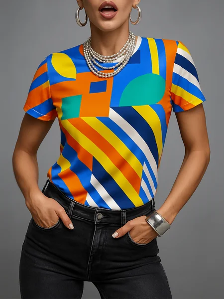 

Jersey Casual Random Print Printing Crew Neck T-shirt, As picture, Tees
