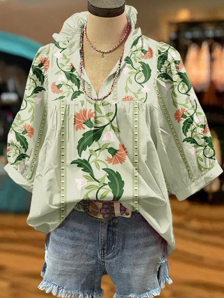 

Shawl Collar Half Sleeve Floral Regular Loose Blouse For Women, As picture, Blouses