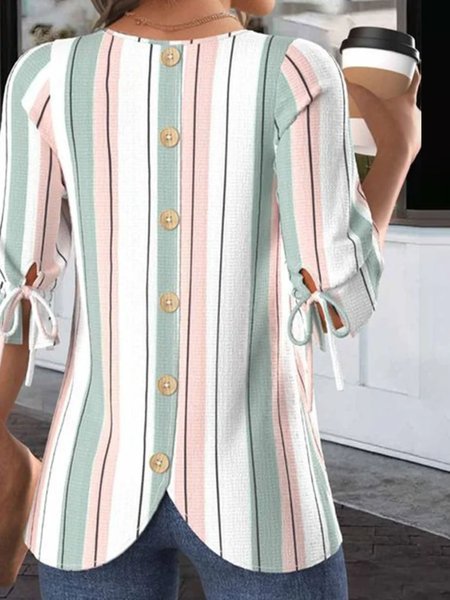 

Crew Neck Balloon Sleeve Half Sleeve Striped Regular Micro-Elasticity Regular Fit Blouse For Women, White, Blouses