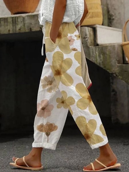

Women Floral Long Pants Casual Spring/Fall Trousers, White, Pants