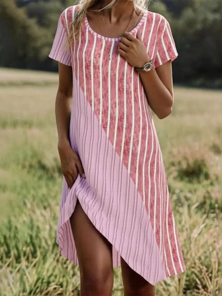 

Women Striped Summer Dress Crew Neck Short Sleeve T-Shirt Dress A-Line Dress, Pink, Dresses