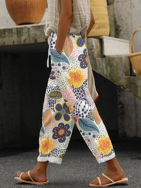 

Women Floral Long Pants Casual Spring/Fall Trousers, White, Pants