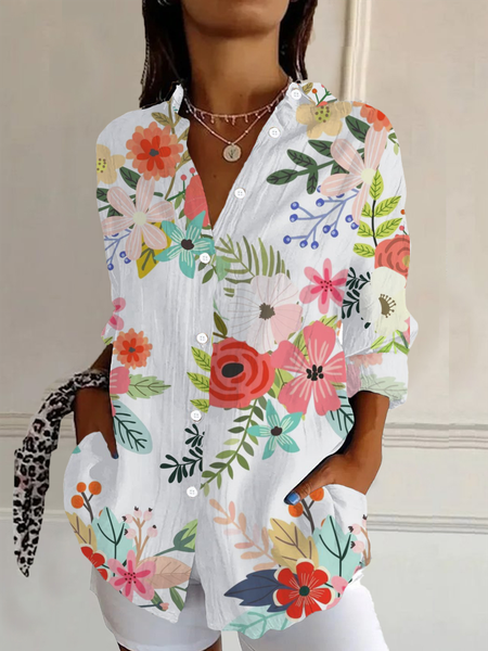 

Women Floral Long Sleeve Shirt Spring/Fall Buckle Shirt Collar Daily Casual Top, White, Shirts