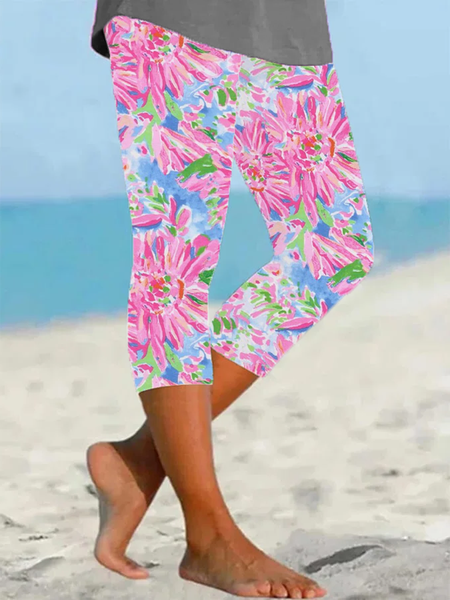 

Women Floral Capris Elastic Waist Pants Casual Summer Trousers, Pink, Leggings