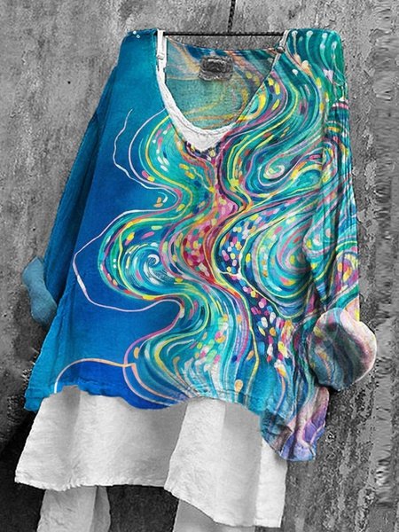 

Vintage Striped V Neck Long Sleeve T-shirt, Aqua blue, T-shirts