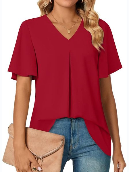 

V Neck Short Sleeve Floral Regular Micro-Elasticity Regular Fit Shirt For Women, Red, Shirts
