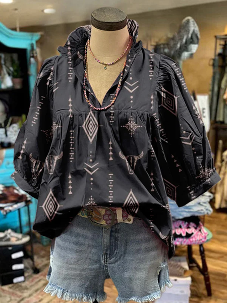 

Shawl Collar Half Sleeve Ethnic Regular Loose Blouse For Women, As picture, Blouses
