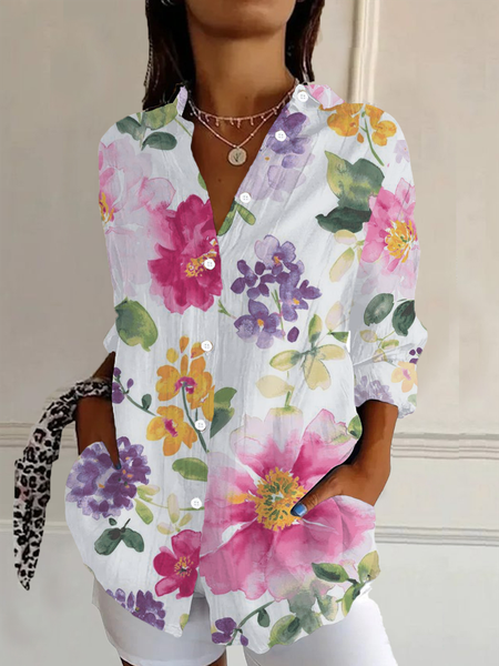 

Women Floral Long Sleeve Shirt Spring/Fall Buckle Shirt Collar Daily Casual Top, White, Shirts