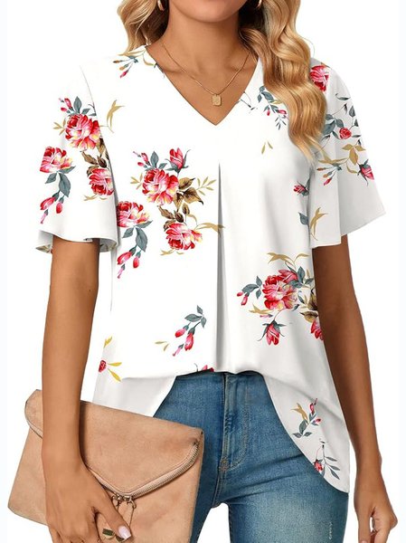 

V Neck Short Sleeve Floral Regular Micro-Elasticity Regular Fit Shirt For Women, White, Shirts