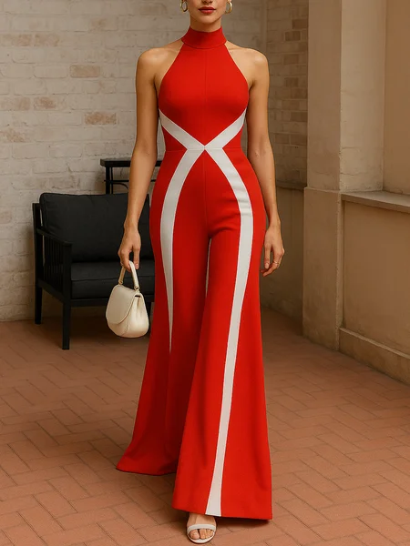 

Urban Color Block Halter Tank Jumpsuit, Red, Jumpsuits