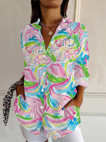 

Women Floral Long Sleeve Shirt Spring/Fall Buckle Shirt Collar Daily Casual Top, As picture, Shirts