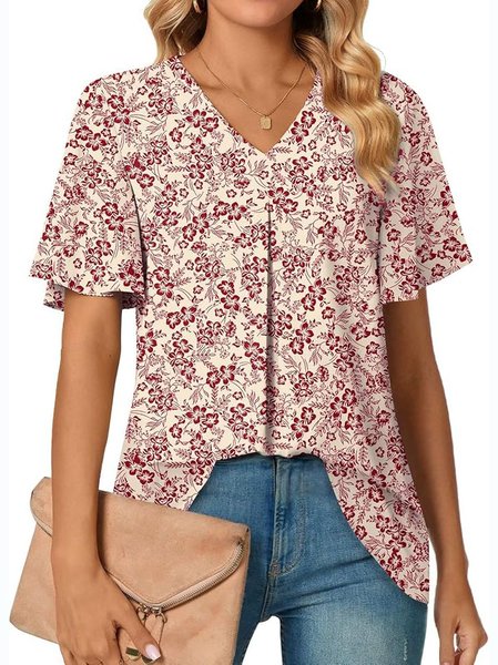 

V Neck Short Sleeve Floral Regular Micro-Elasticity Regular Fit Shirt For Women, Apricot, Shirts