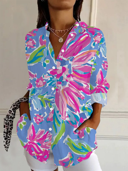 

Women Floral Long Sleeve Shirt Spring/Fall Buckle Shirt Collar Daily Casual Top, Blue, Shirts