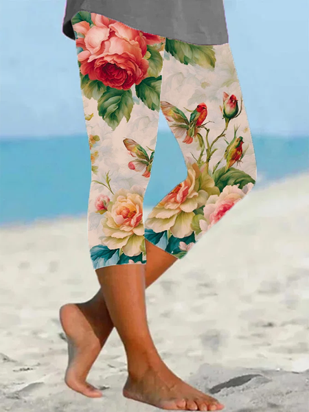 

Women Floral Capris Elastic Waist Pants Casual Summer Trousers, As picture, Leggings