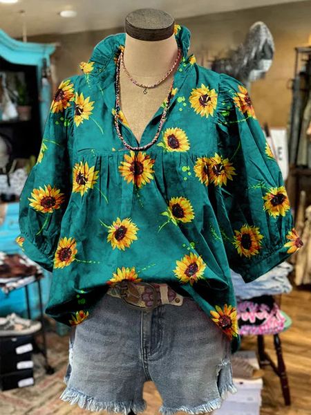 

Shawl Collar Half Sleeve Floral Regular Loose Blouse For Women, As picture, Blouses