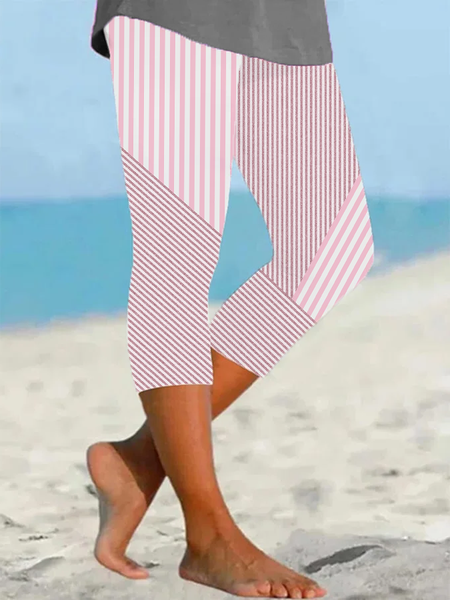 

Women Striped Capris Elastic Waist Pants Casual Summer Trousers, Pink, Leggings