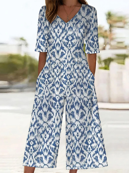 

Women Geometric V Neck Half Sleeve Casual Summer Jumpsuit, Blue, Jumpsuits＆Rompers