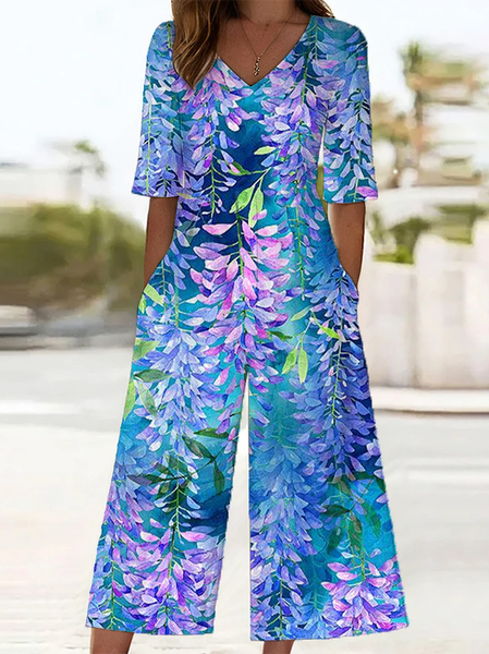 

Women Floral V Neck Half Sleeve Casual Summer Jumpsuit, Cyan, Jumpsuits＆Rompers
