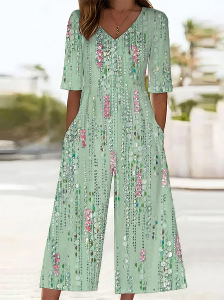 

Women Abstract V Neck Half Sleeve Casual Summer Jumpsuit, Green, Jumpsuits＆Rompers