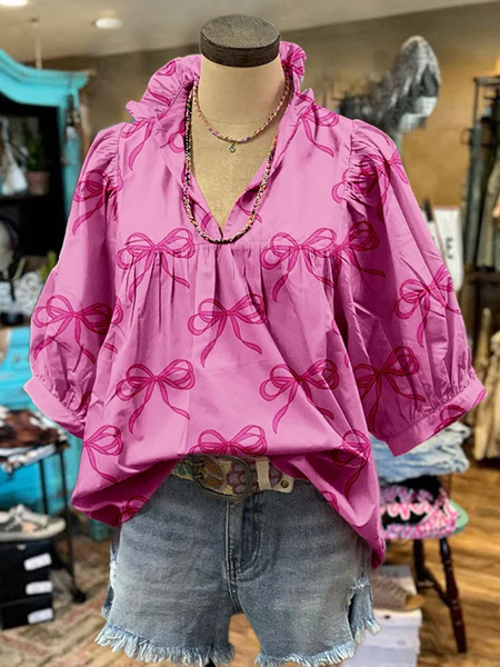 

Shawl Collar Half Sleeve Geometric Regular Loose Blouse For Women, As picture, Blouses