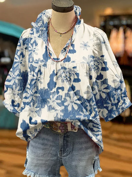 

Shawl Collar Half Sleeve Floral Regular Loose Blouse For Women, As picture, Blouses